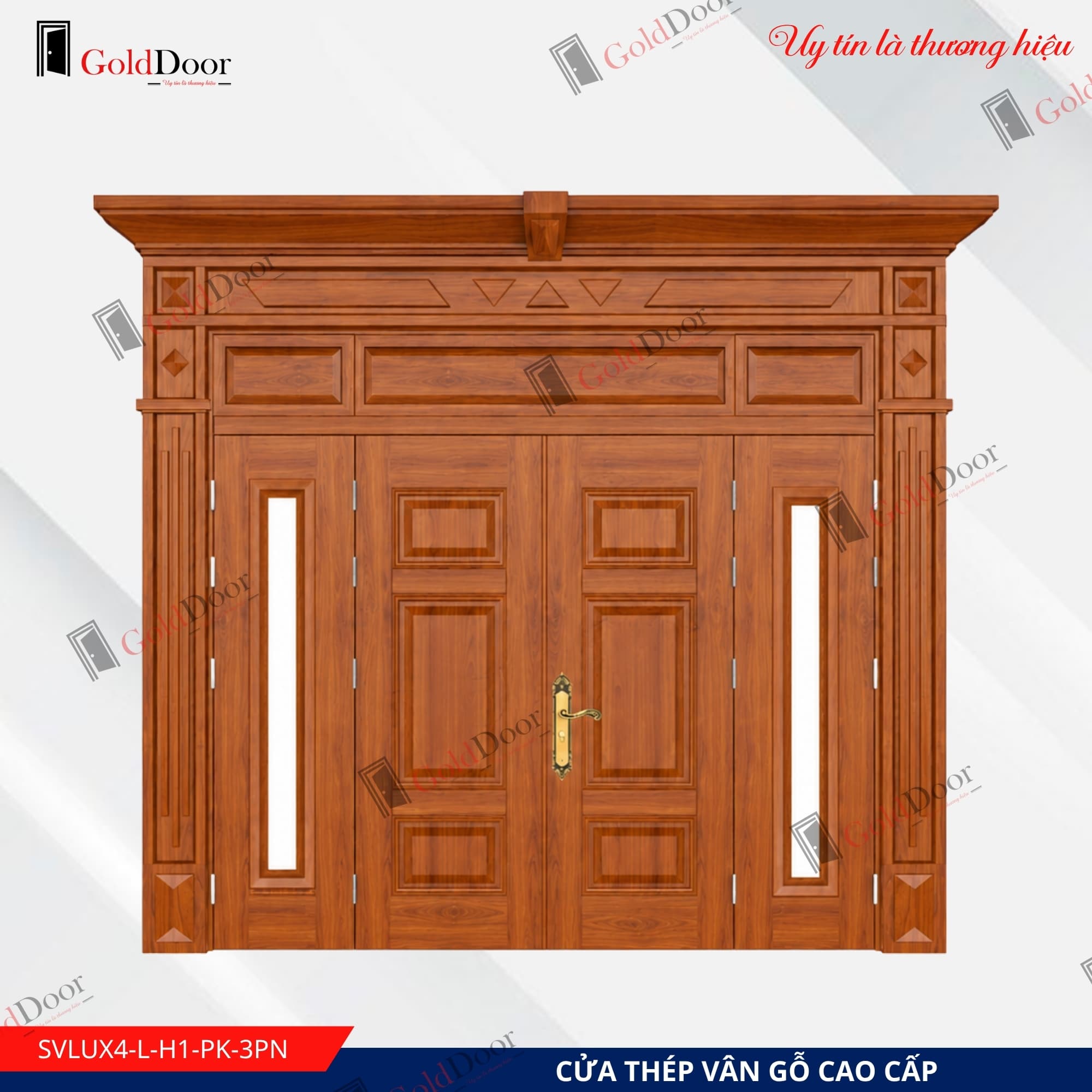 Cửa thép vân gỗ Luxury 4 cánh GoldDoor SVLUX4-L-H1-PK-3PN