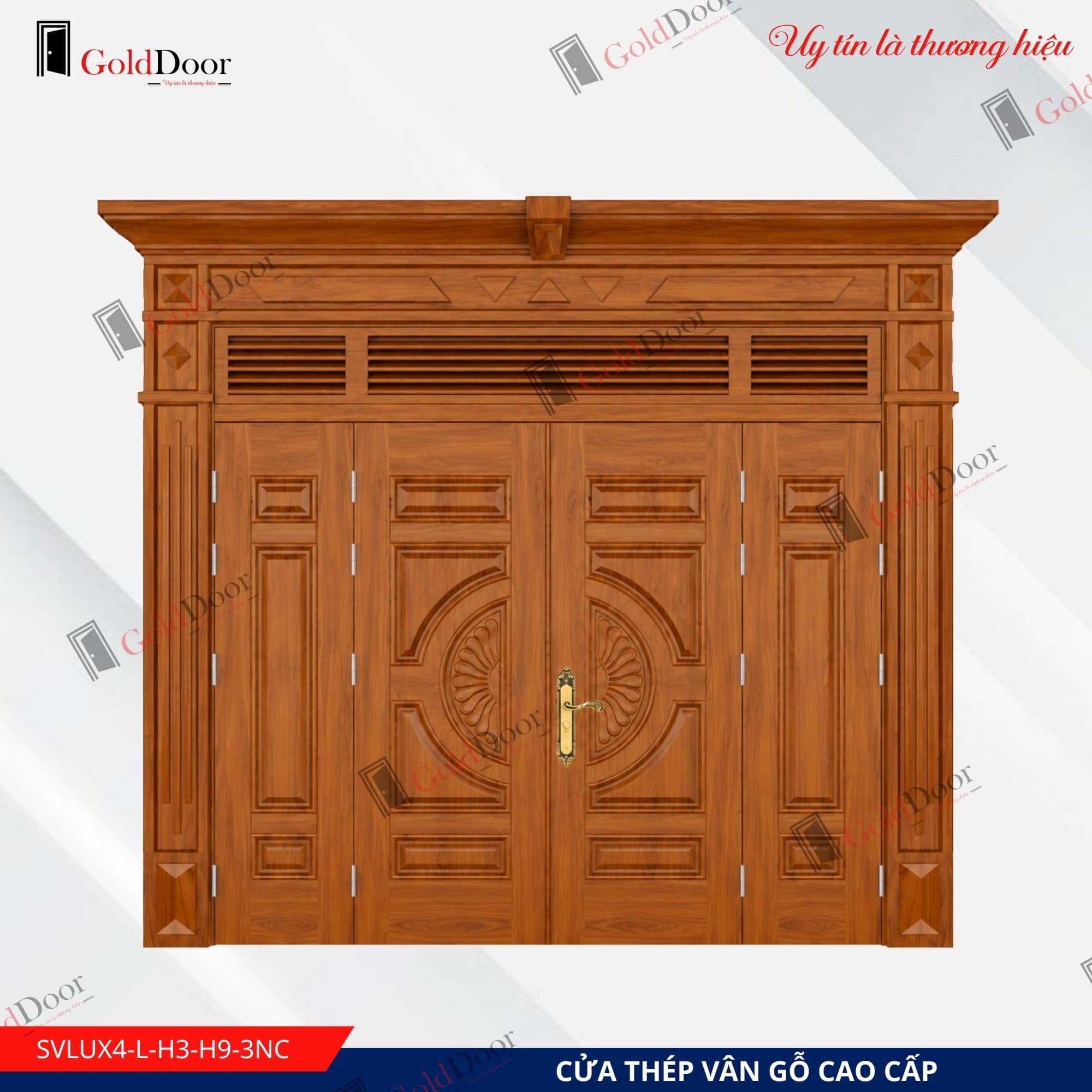 Cửa thép vân gỗ Luxury 4 cánh GoldDoor SVLUX4-L-H3-H9-3NC