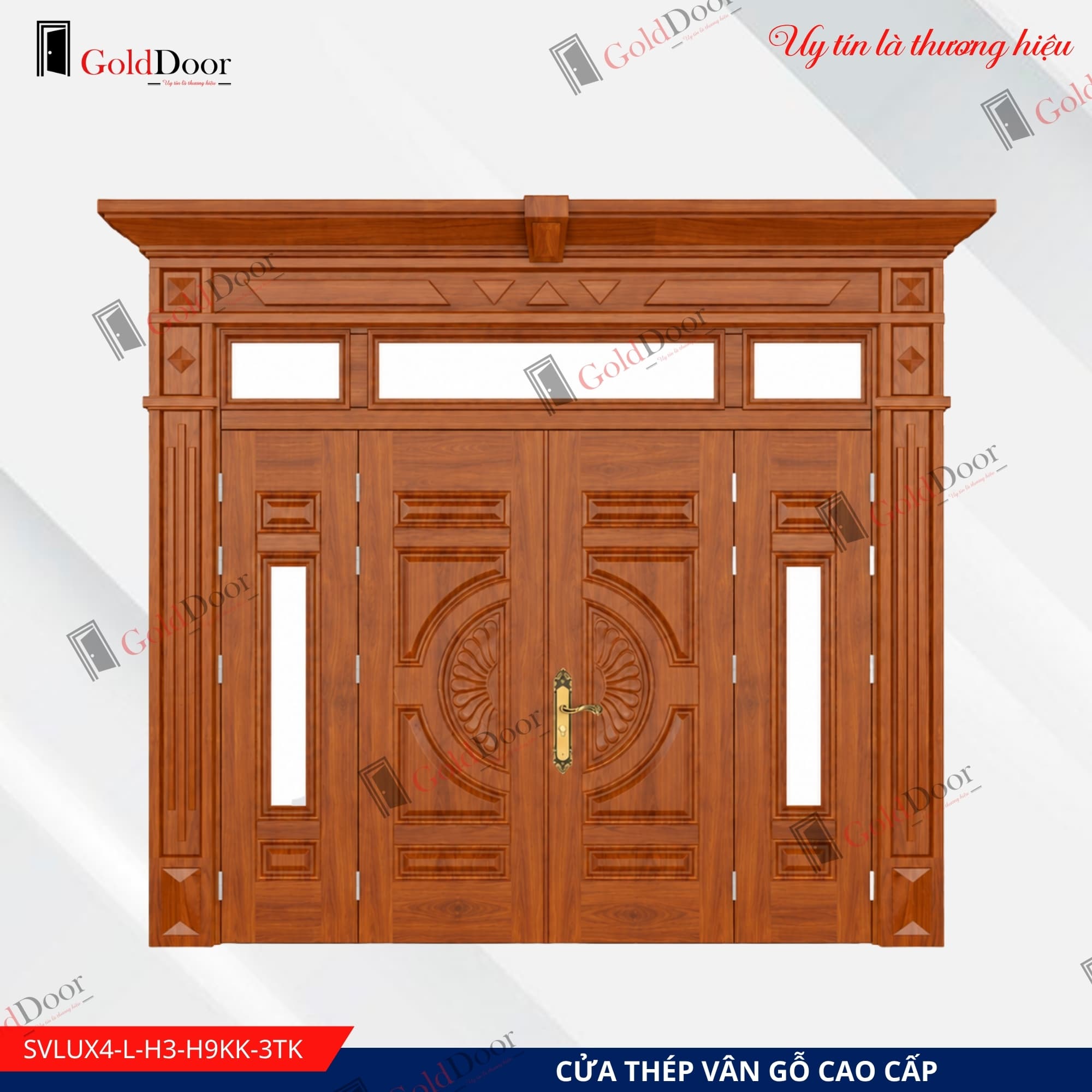 Cửa thép vân gỗ Luxury 4 cánh GoldDoor SVLUX4-L-H3-H9KK-3TK