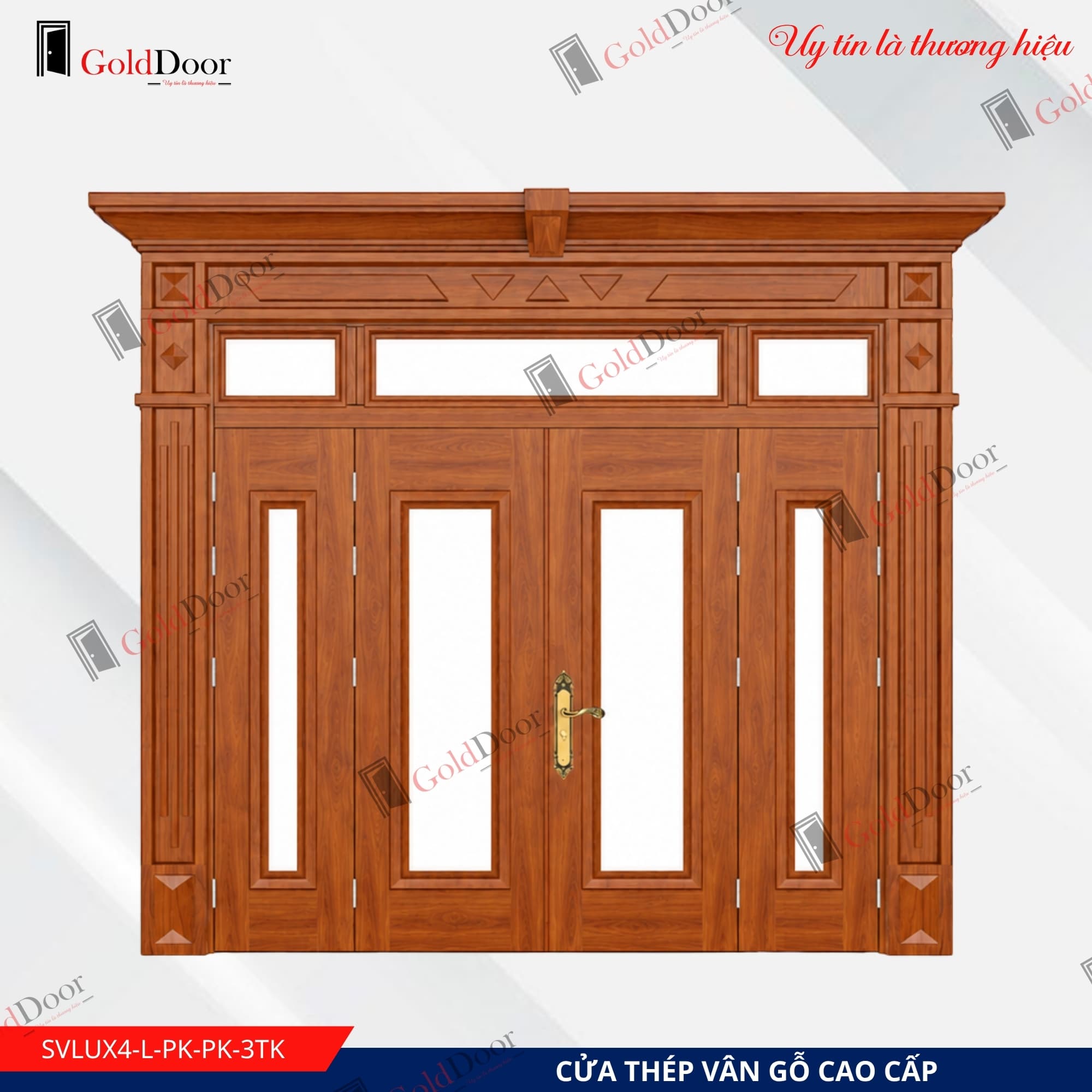 Cửa thép vân gỗ Luxury 4 cánh GoldDoor SVLUX4-L-PK-PK-3TK