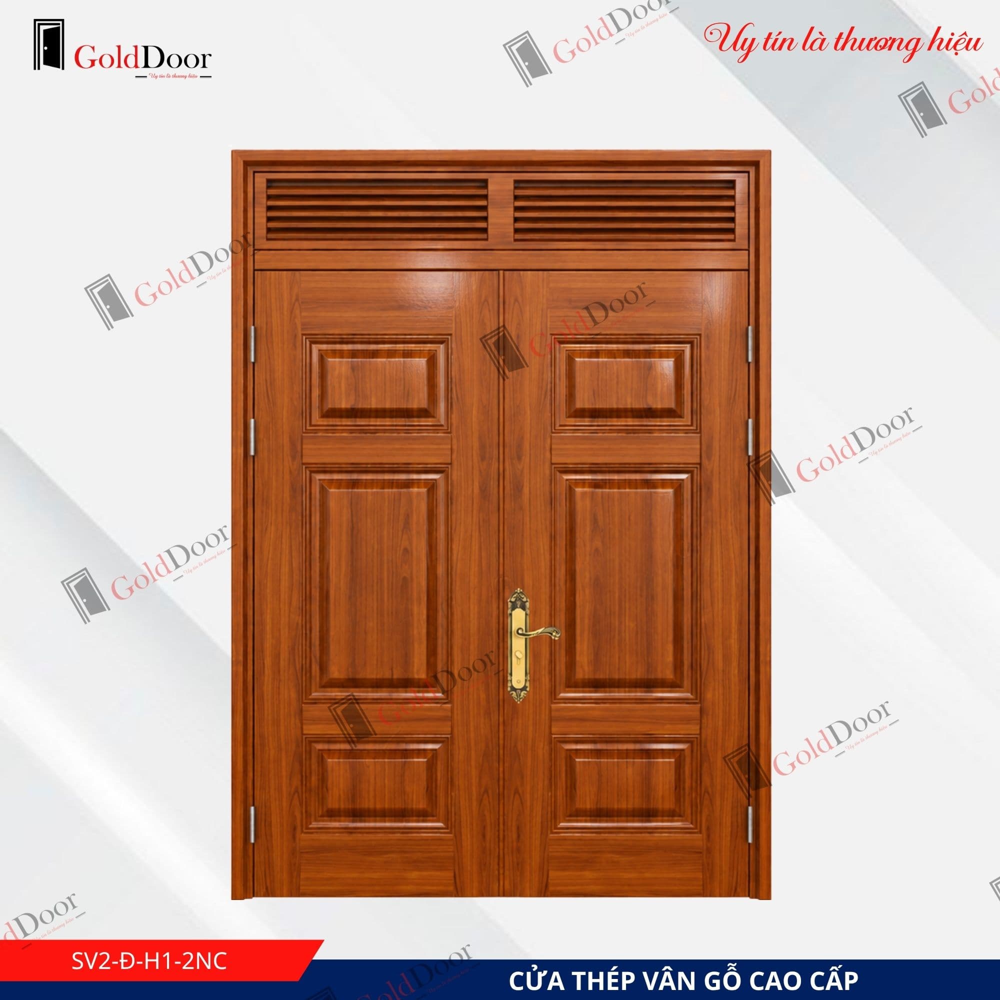 Cửa thép vân gỗ 2 cánh GoldDoor SV2-Đ-H1-2NC