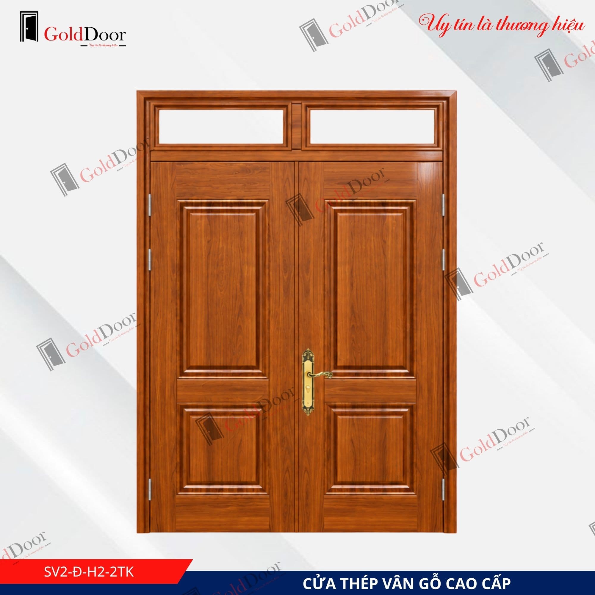Cửa thép vân gỗ 2 cánh GoldDoor SV2-Đ-H2-2TK