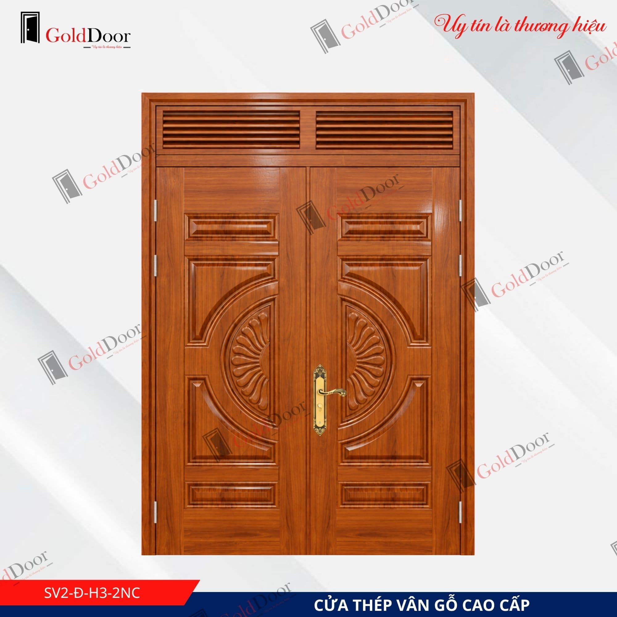 Cửa thép vân gỗ 2 cánh GoldDoor SV2-Đ-H3-2NC