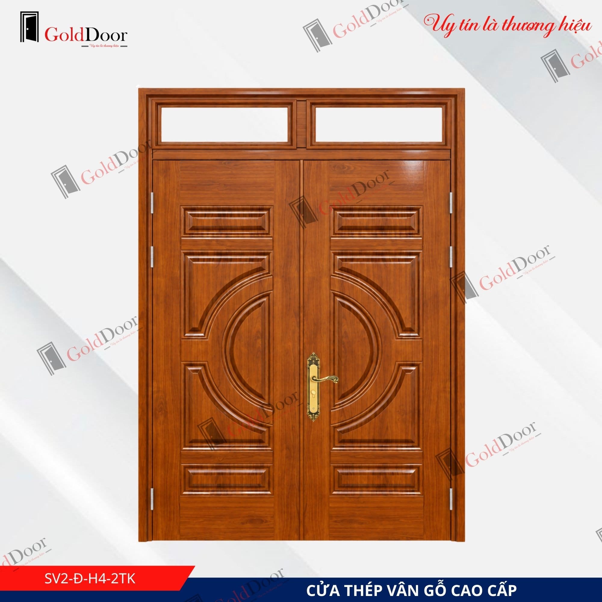 Cửa thép vân gỗ 2 cánh GoldDoor SV2-Đ-H4-2TK