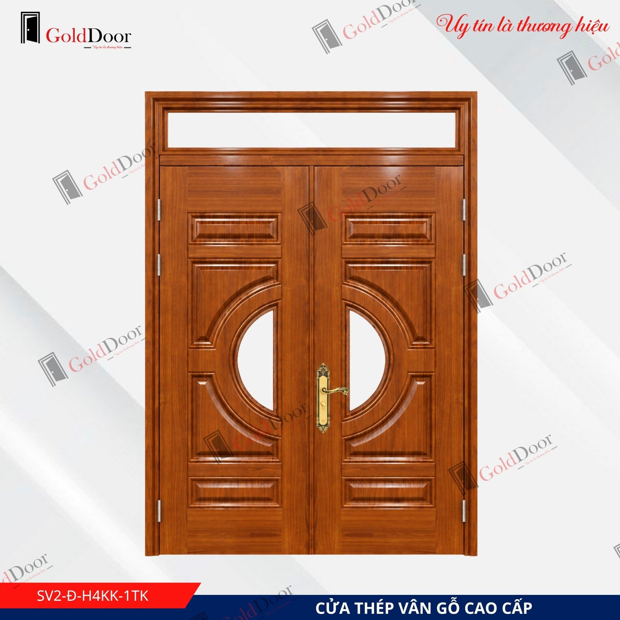 Cửa thép vân gỗ 2 cánh GoldDoor SV2-Đ-H4KK-1TK