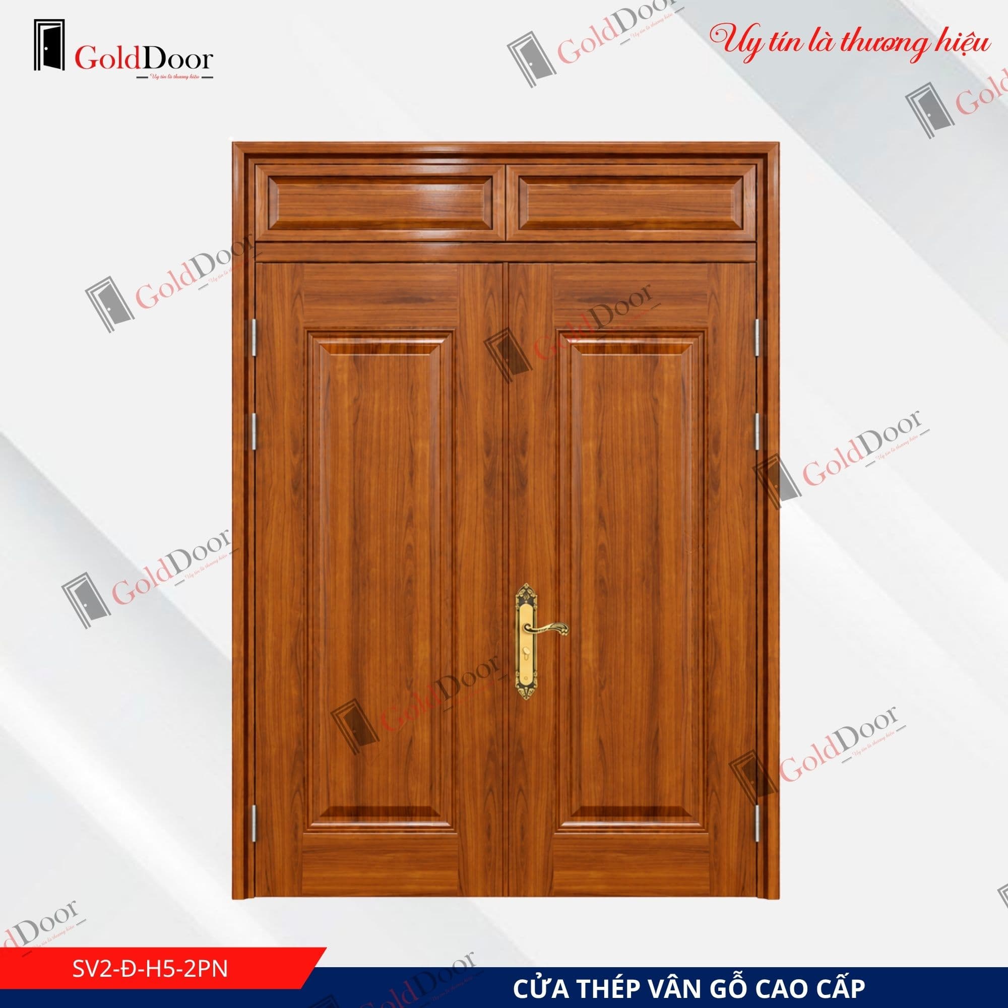 Cửa thép vân gỗ 2 cánh GoldDoor SV2-Đ-H5-2PN