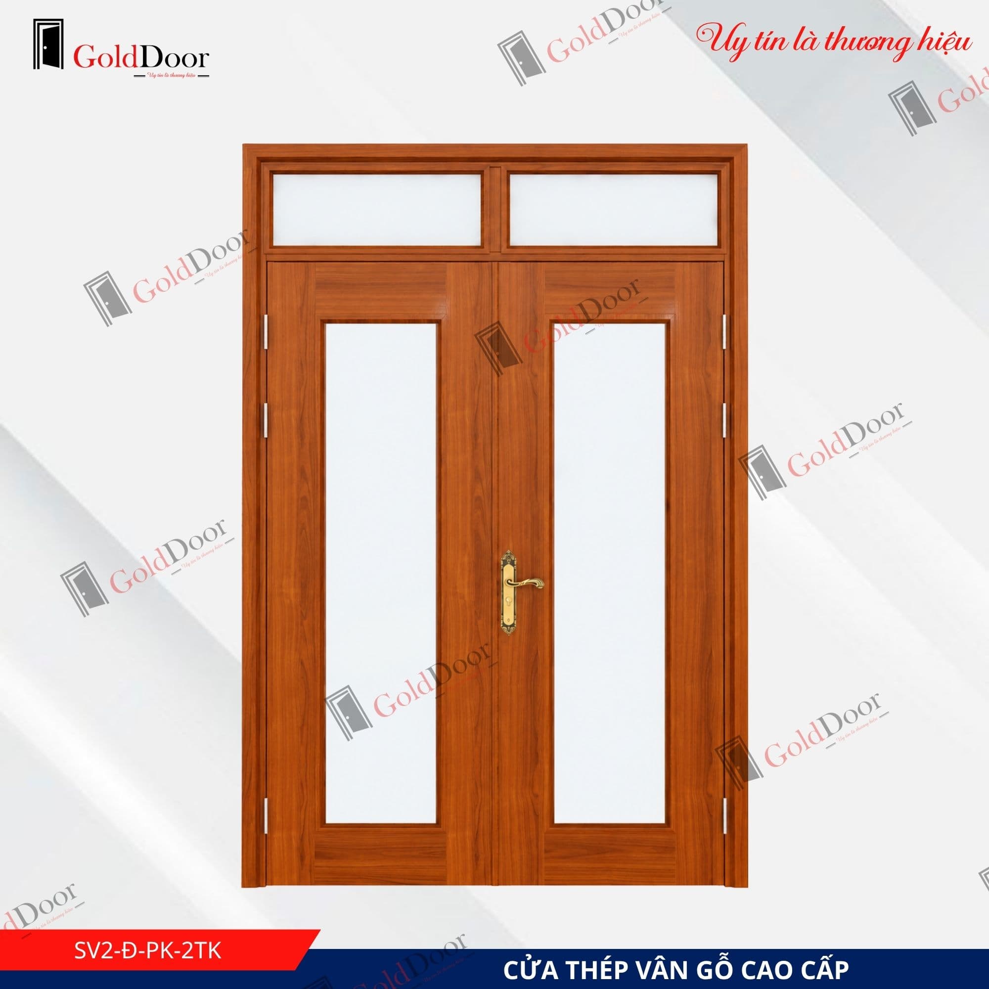 Cửa thép vân gỗ 2 cánh GoldDoor SV2-Đ-PK-2TK