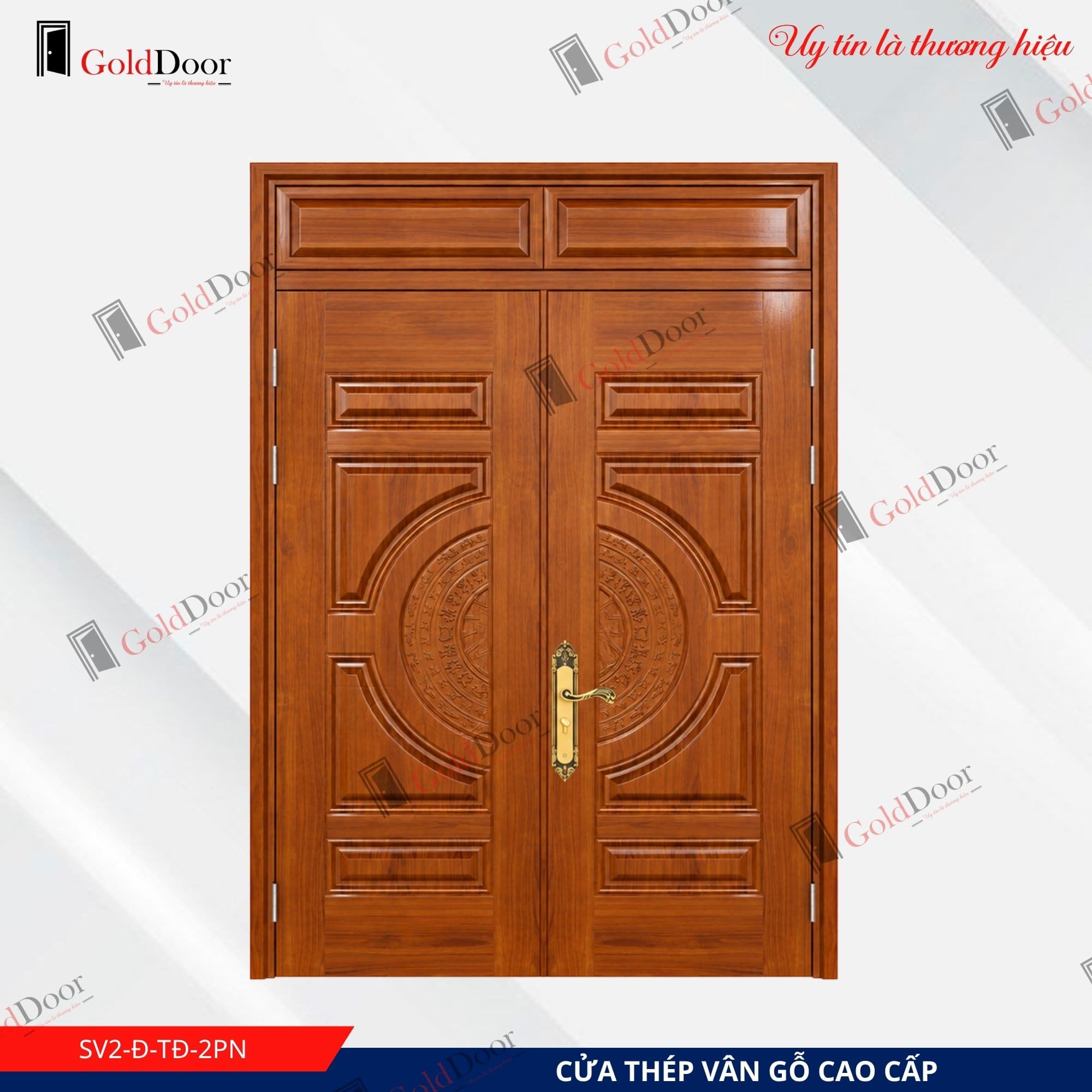 Cửa thép vân gỗ 2 cánh GoldDoor SV2-Đ-TĐ-2PN