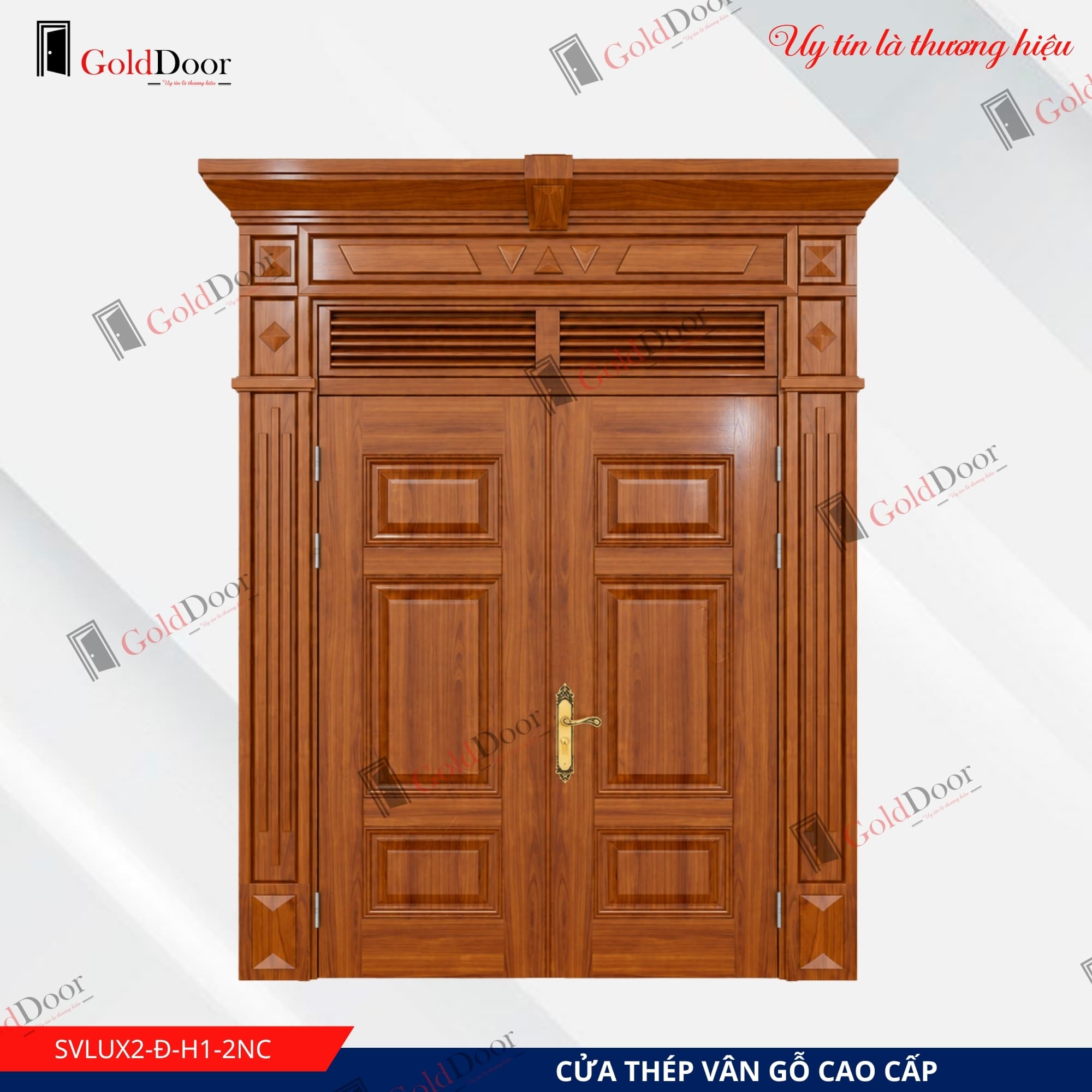 Cửa thép vân gỗ Luxury 2 cánh GoldDoor SVLUX2-Đ-H1-2NC