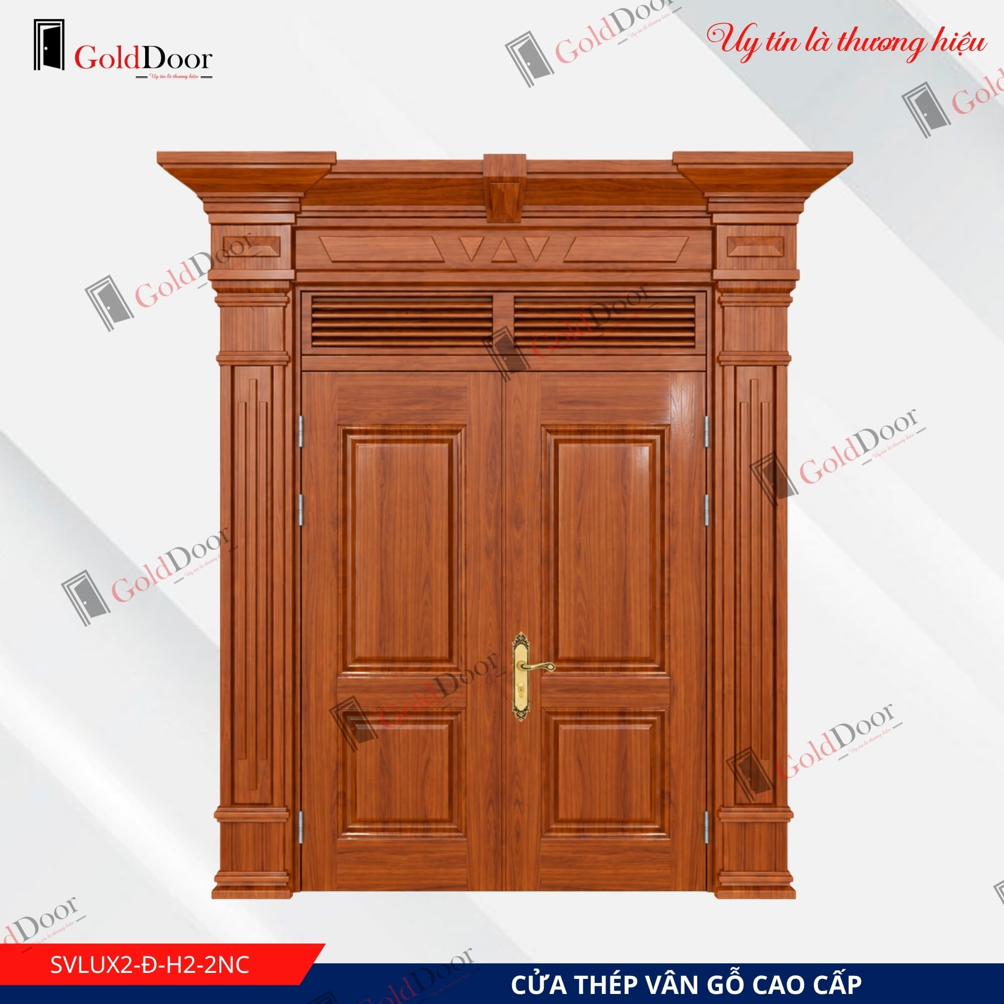 Cửa thép vân gỗ Luxury 2 cánh GoldDoor SVLUX2-Đ-H2-2NC