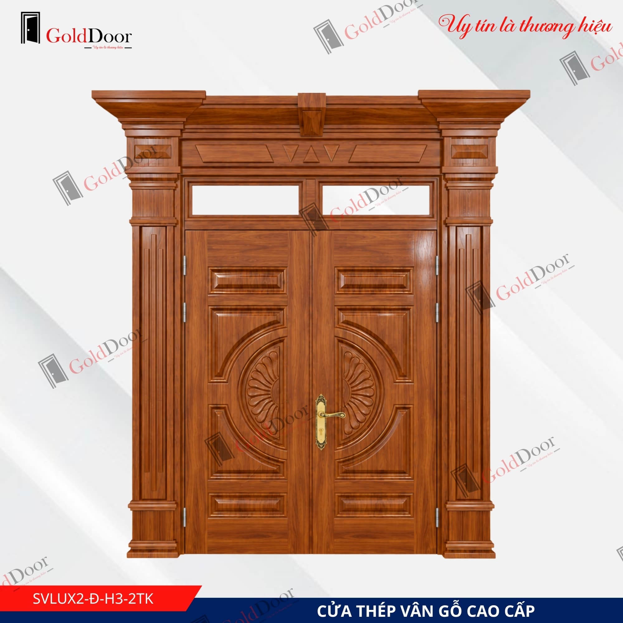 Cửa thép vân gỗ Luxury 2 cánh GoldDoor SVLUX2-Đ-H3-2TK