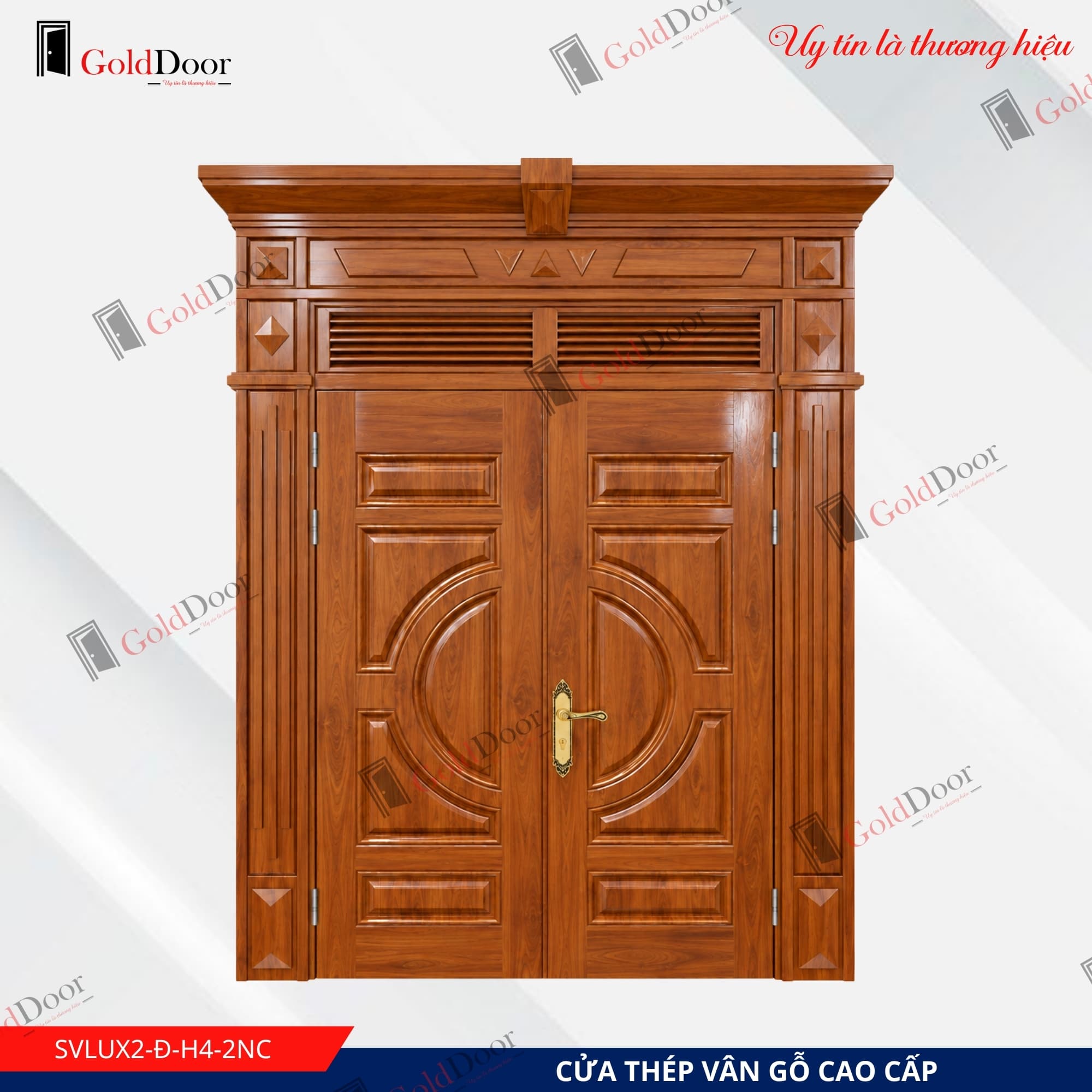 Cửa thép vân gỗ Luxury 2 cánh GoldDoor SVLUX2-Đ-H4-2NC