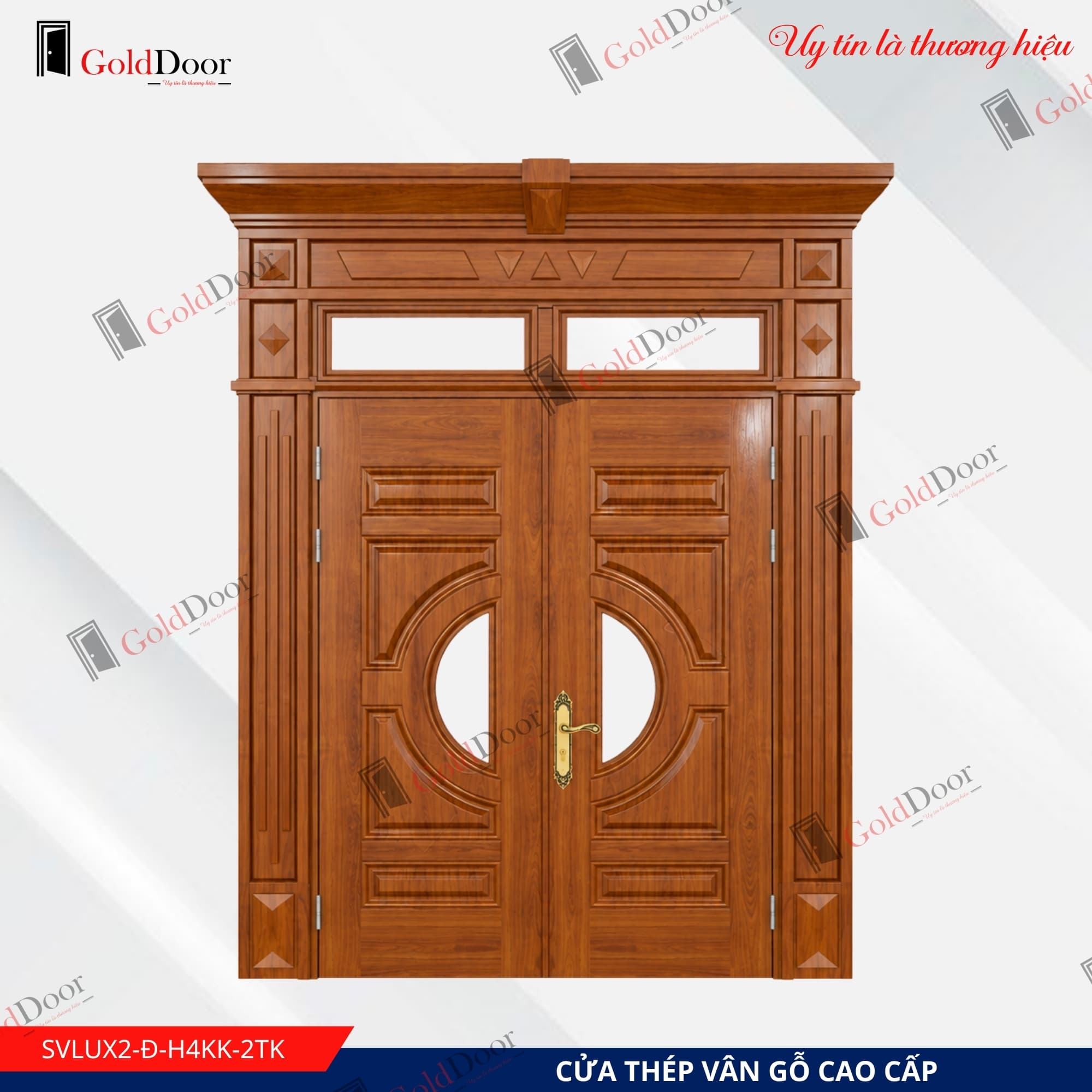 Cửa thép vân gỗ Luxury 2 cánh GoldDoor SVLUX2-Đ-H4KK-2TK