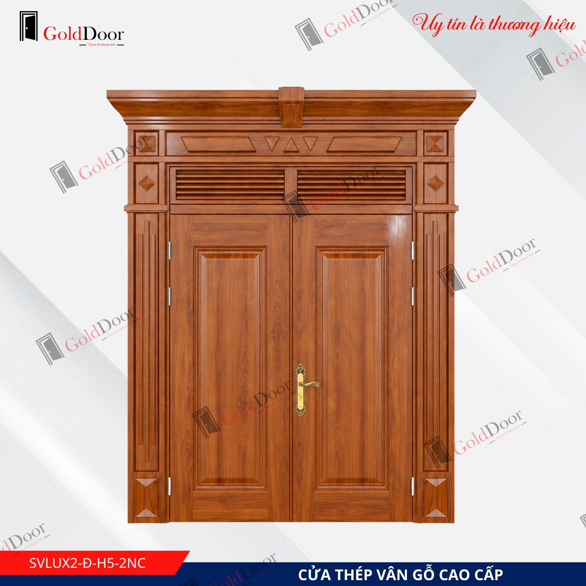 Cửa thép vân gỗ Luxury 2 cánh GoldDoor SVLUX2-Đ-H5-2NC