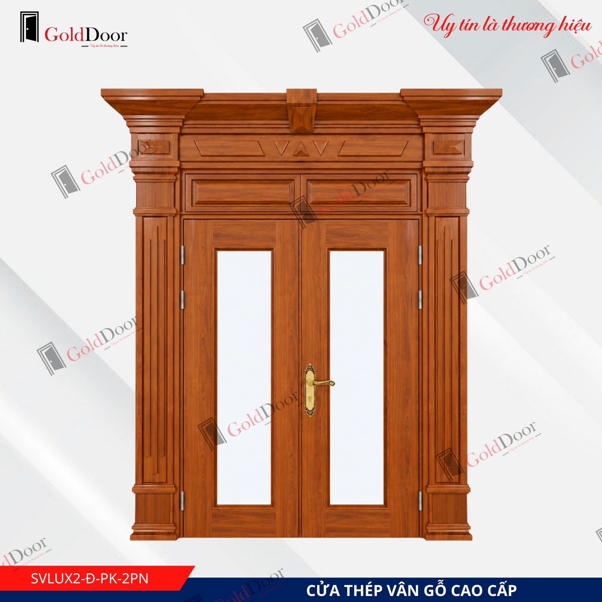 Cửa thép vân gỗ Luxury 2 cánh GoldDoor SVLUX2-Đ-PK-2PN