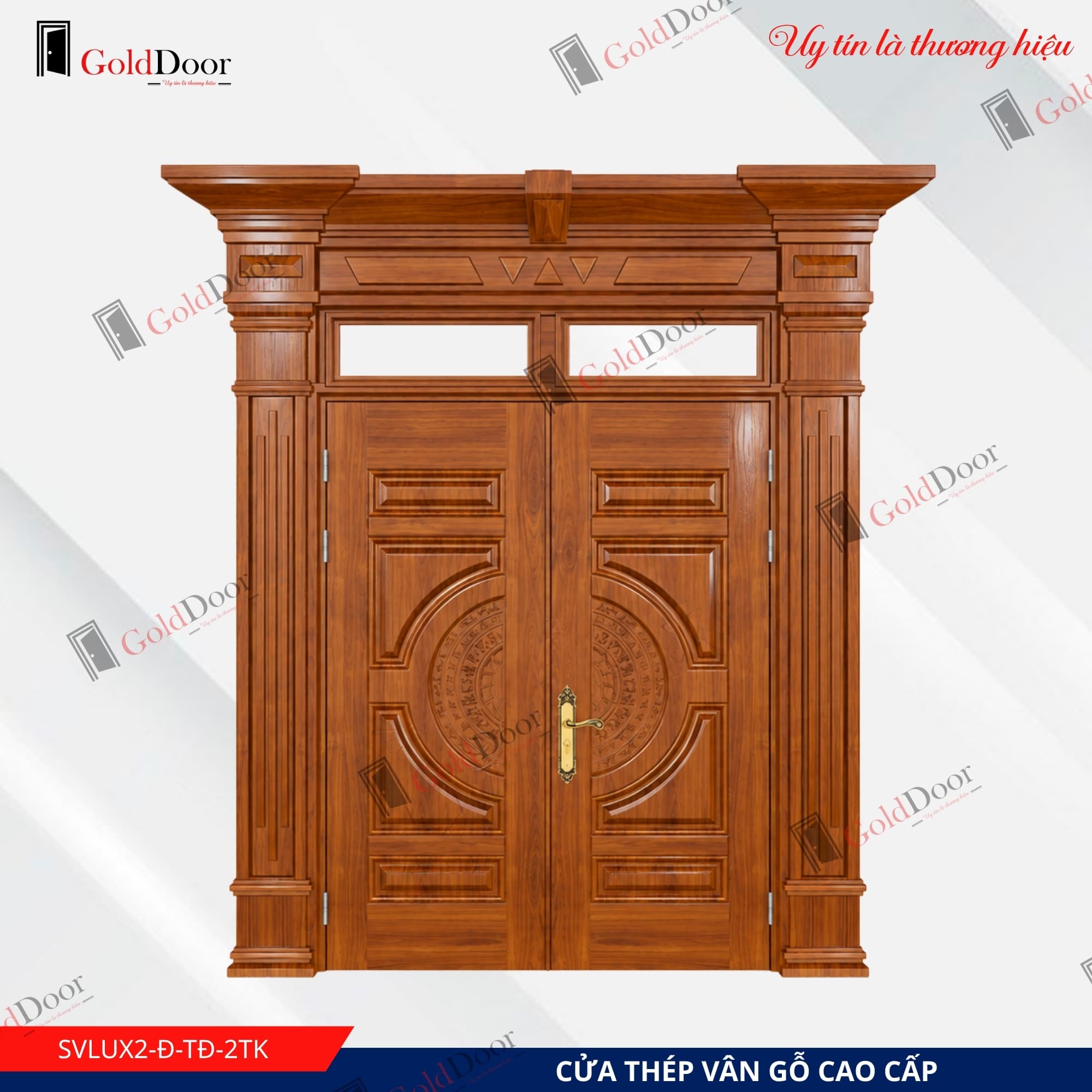 Cửa thép vân gỗ Luxury 2 cánh GoldDoor SVLUX2-Đ-TĐ-2TK