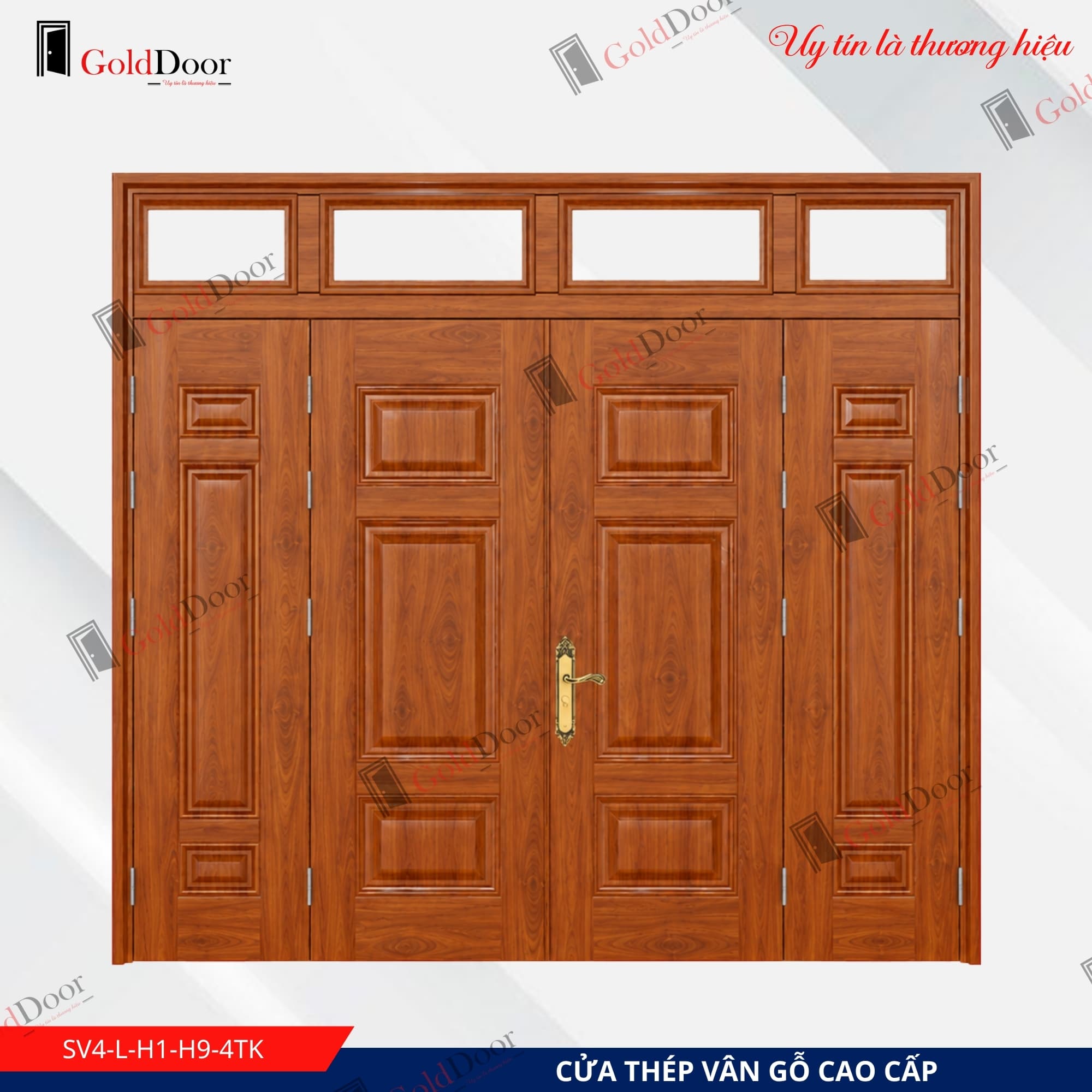 Cửa thép vân gỗ 4 cánh GoldDoor SV4-L-H1-H9-4TK