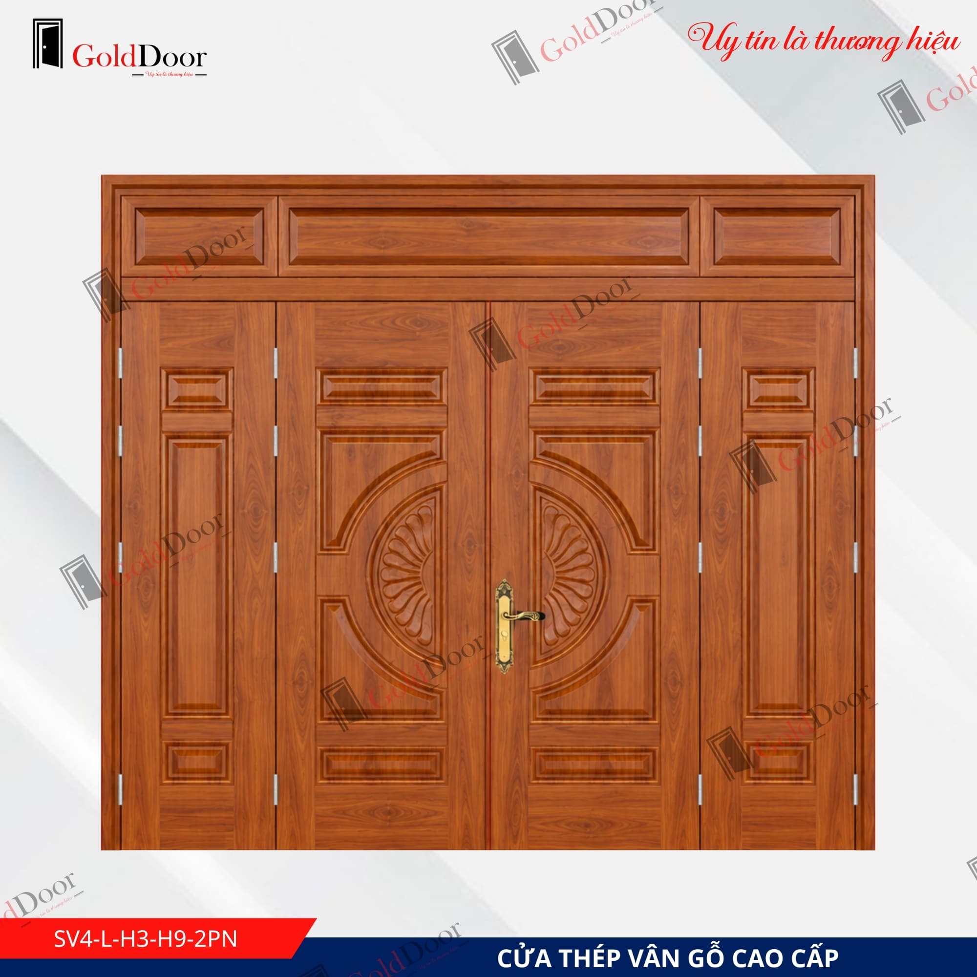 Cửa thép vân gỗ 4 cánh GoldDoor SV4-L-H3-H9-2PN