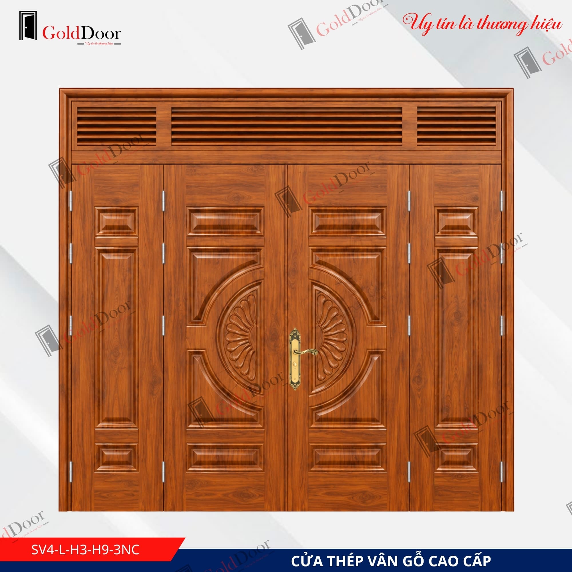 Cửa thép vân gỗ 4 cánh GoldDoor SV4-L-H3-H9-3NC