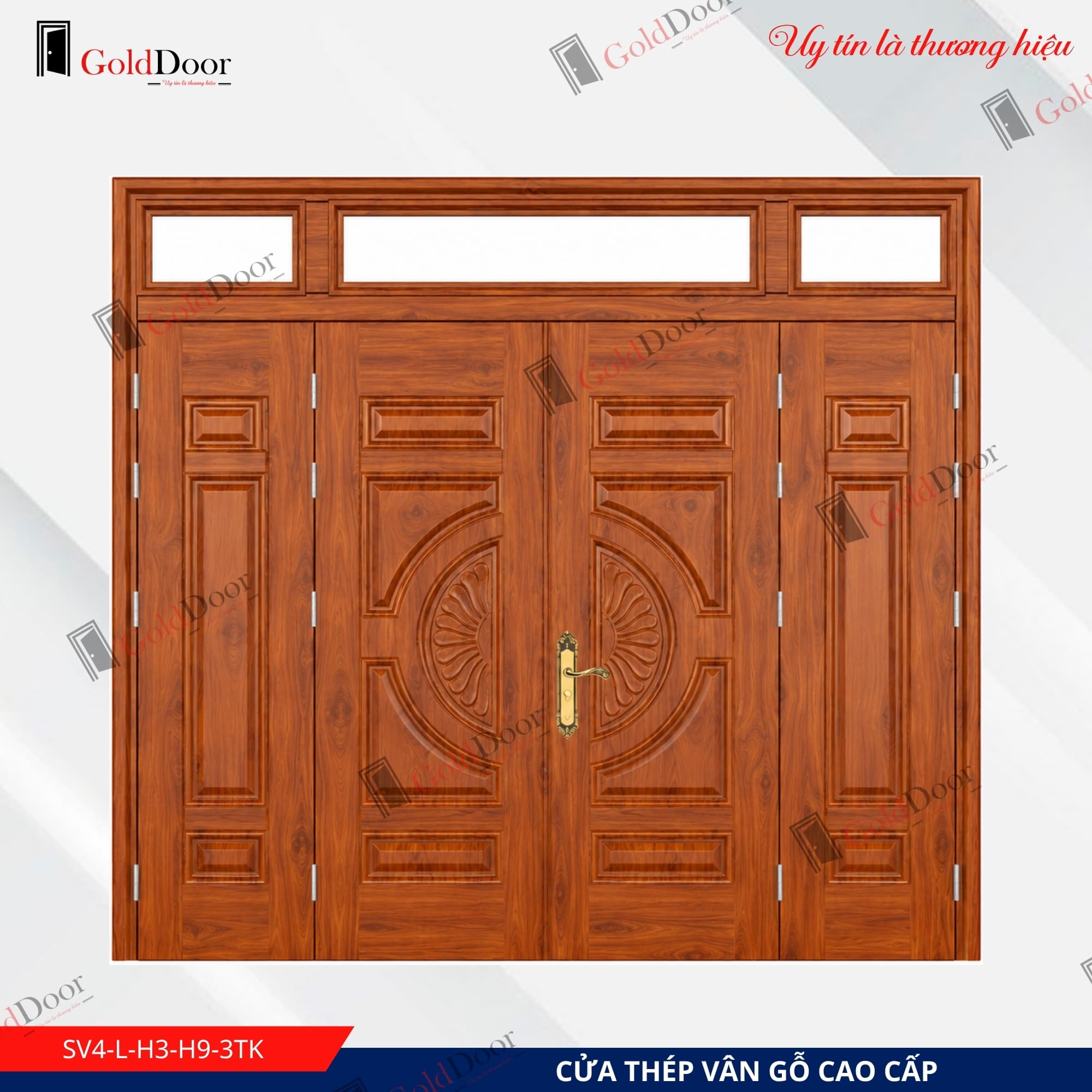 Cửa thép vân gỗ 4 cánh GoldDoor SV4-L-H3-H9-3TK