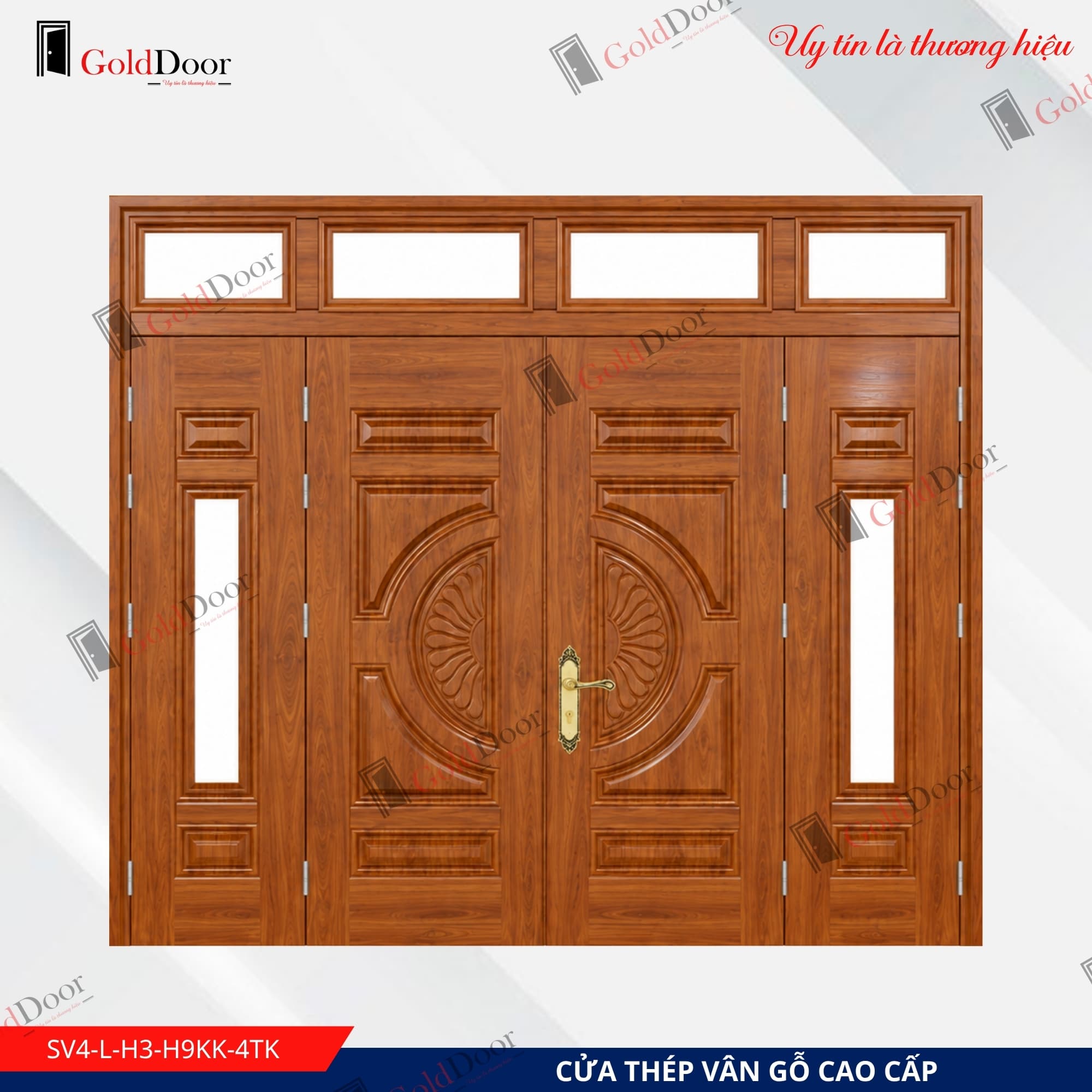 Cửa thép vân gỗ 4 cánh GoldDoor SV4-L-H3-H9KK-4TK