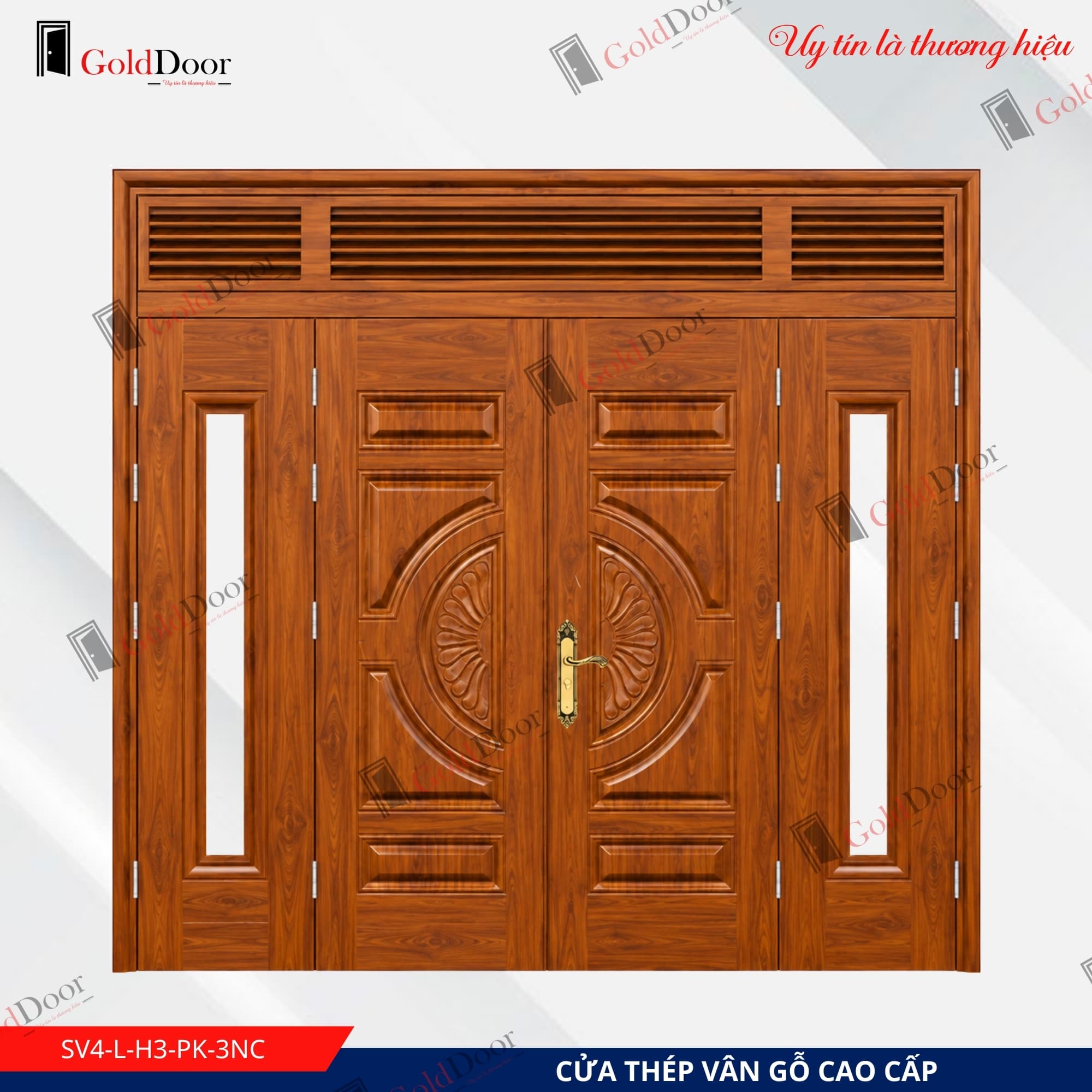 Cửa thép vân gỗ 4 cánh GoldDoor SV4-L-H3-PK-3NC