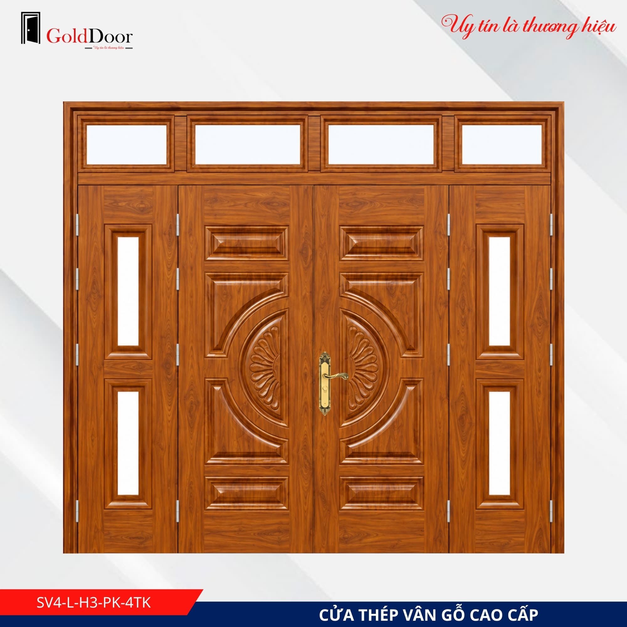 Cửa thép vân gỗ 4 cánh GoldDoor SV4-L-H3-PK-4TK