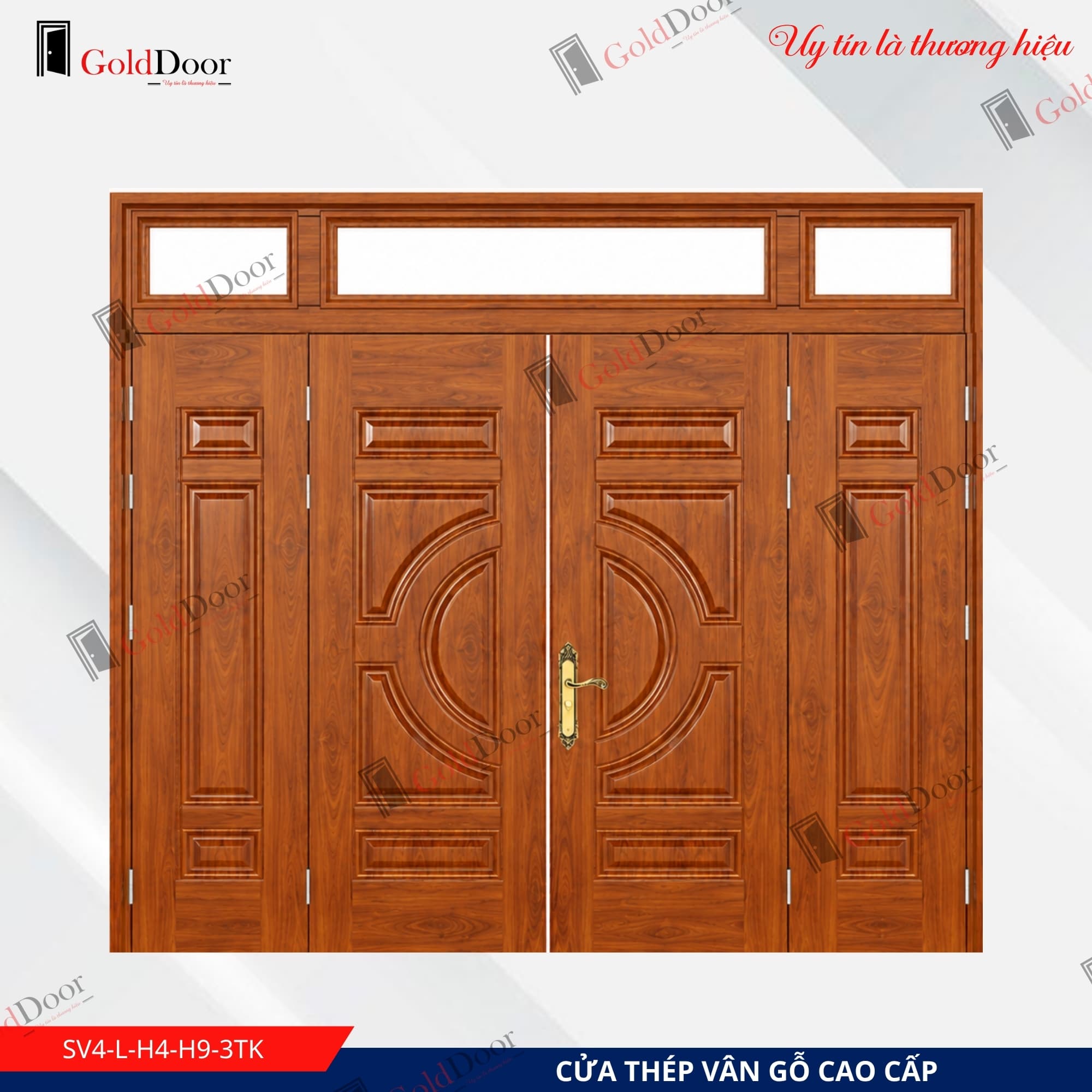 Cửa thép vân gỗ 4 cánh GoldDoor SV4-L-H4-H9-3TK