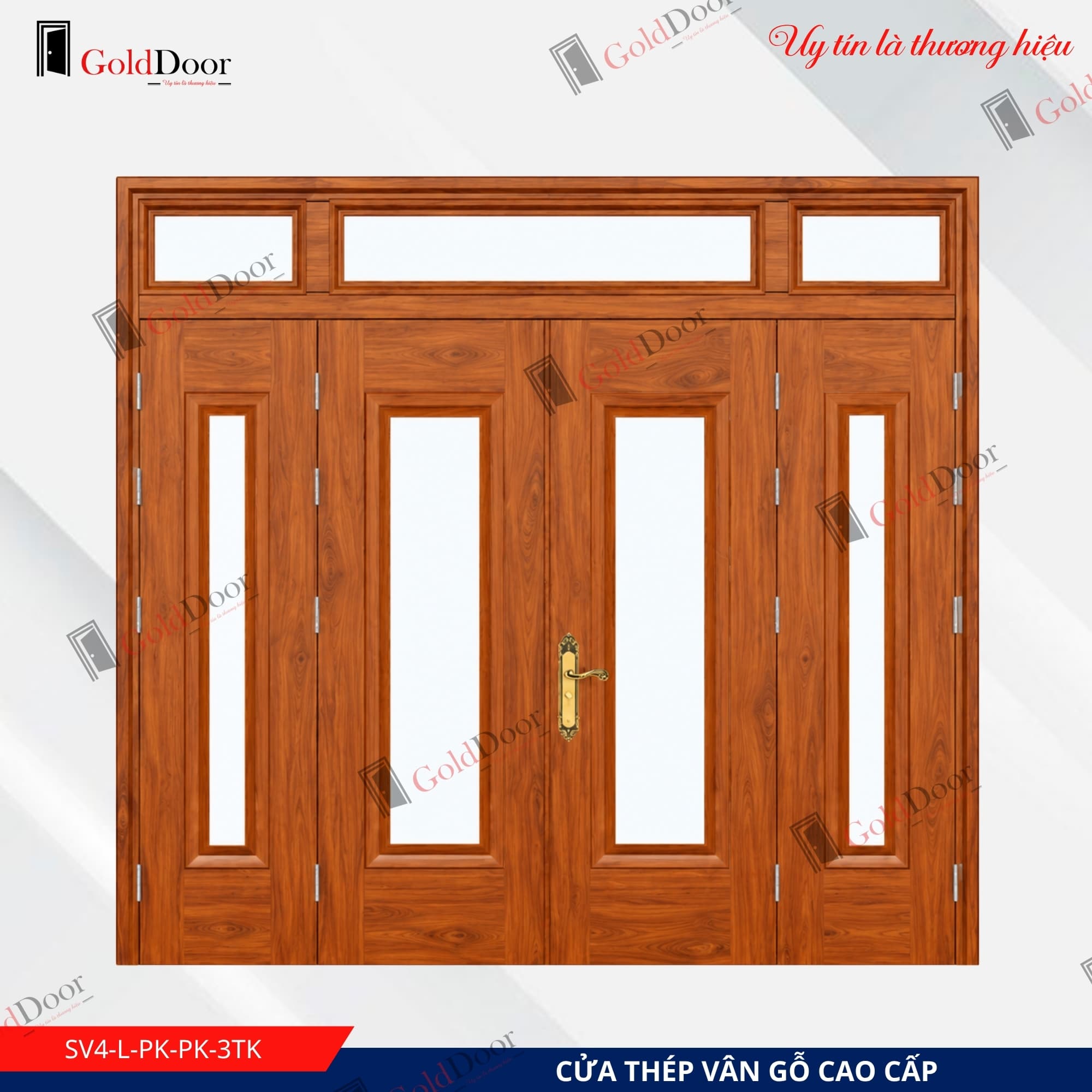 Cửa thép vân gỗ 4 cánh GoldDoor SV4-L-PK-PK-3TK