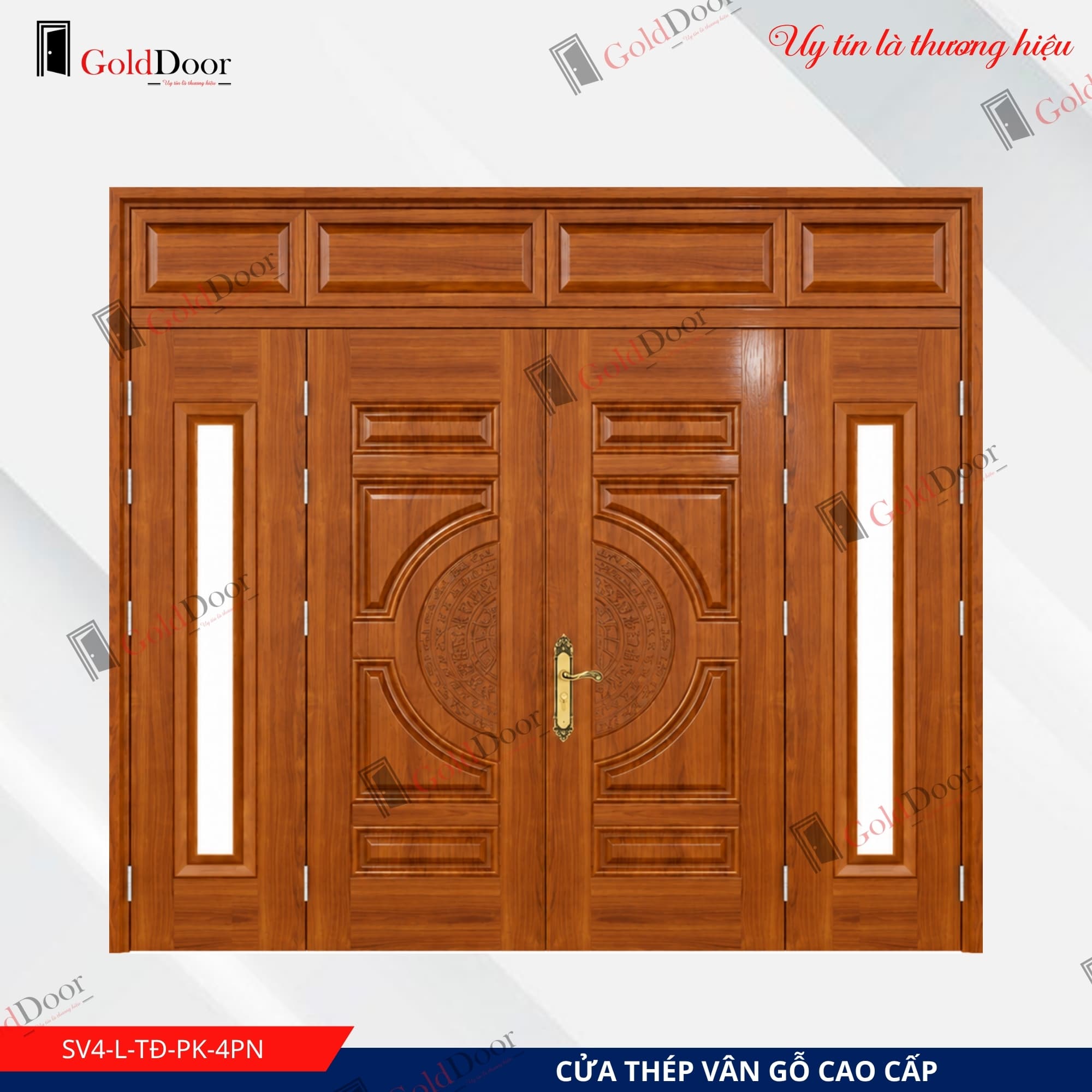 Cửa thép vân gỗ 4 cánh GoldDoor SV4-L-TĐ-PK-4PN